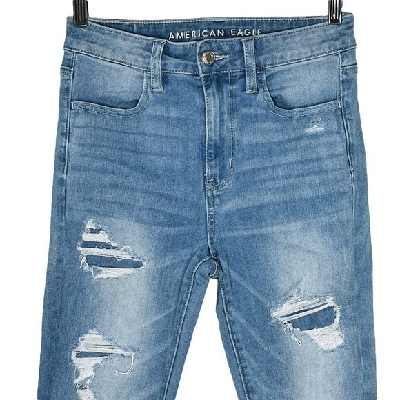 American Eagle Jeans Super Hi-Rise Jegging sz 2 * Light Wash Distressed Jeans AE - Picture 3 of 9